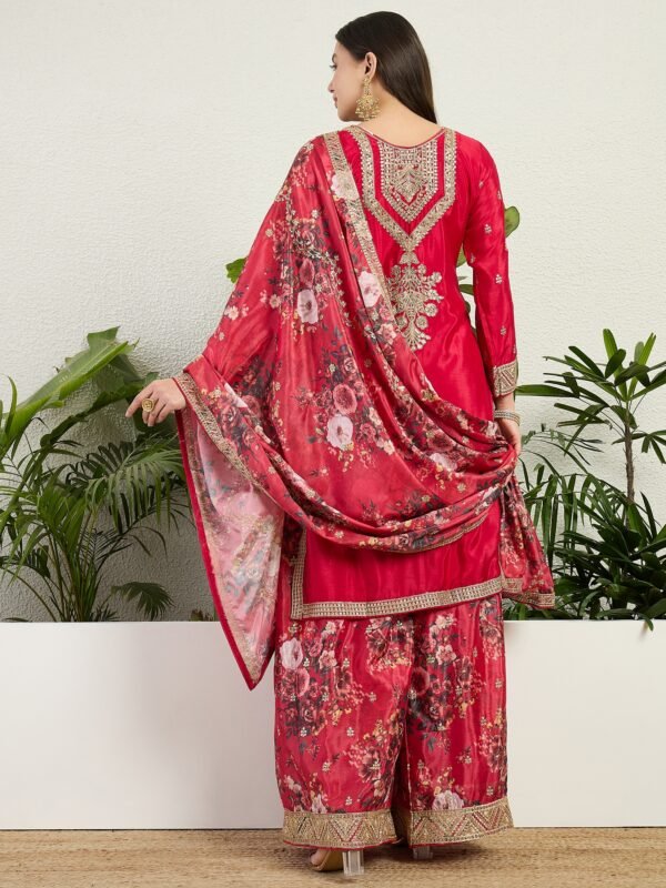 Majestic Deep Red Chinon Embroidered Kurta with Floral Palazzo Set