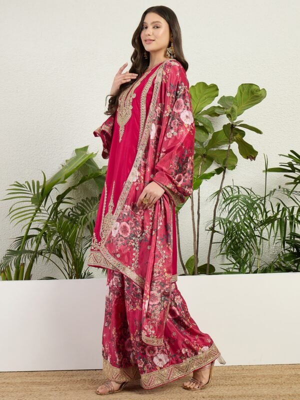 Majestic Deep Red Chinon Embroidered Kurta with Floral Palazzo Set