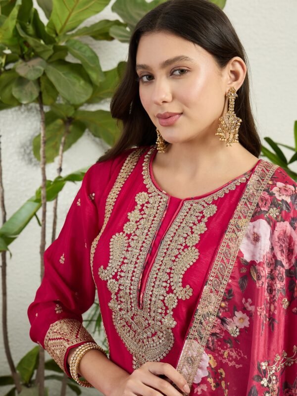 Majestic Deep Red Chinon Embroidered Kurta with Floral Palazzo Set