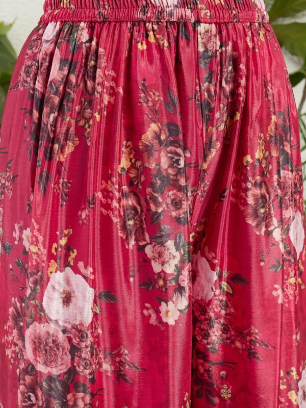 Majestic Deep Red Chinon Embroidered Kurta with Floral Palazzo Set