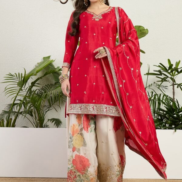 Vibrant Red Chinon Embroidered Kurta with Floral Palazzo Set