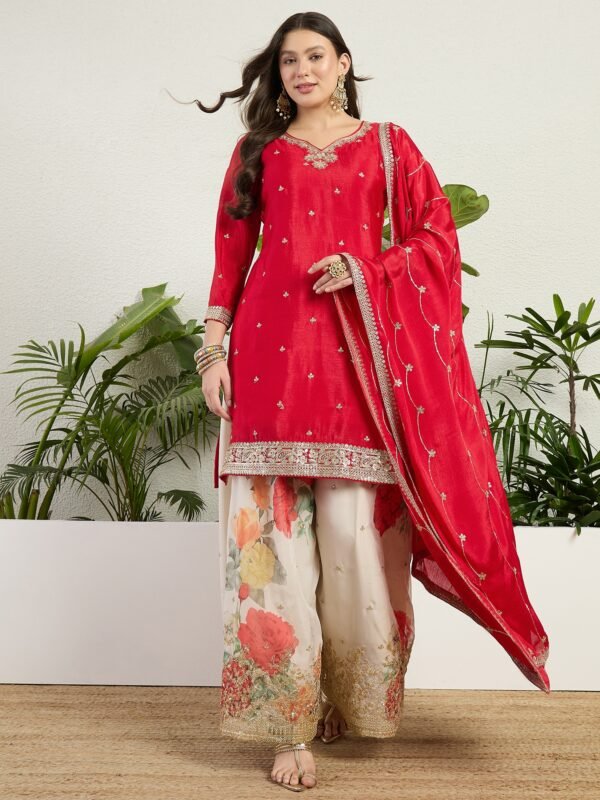 Vibrant Red Chinon Embroidered Kurta with Floral Palazzo Set