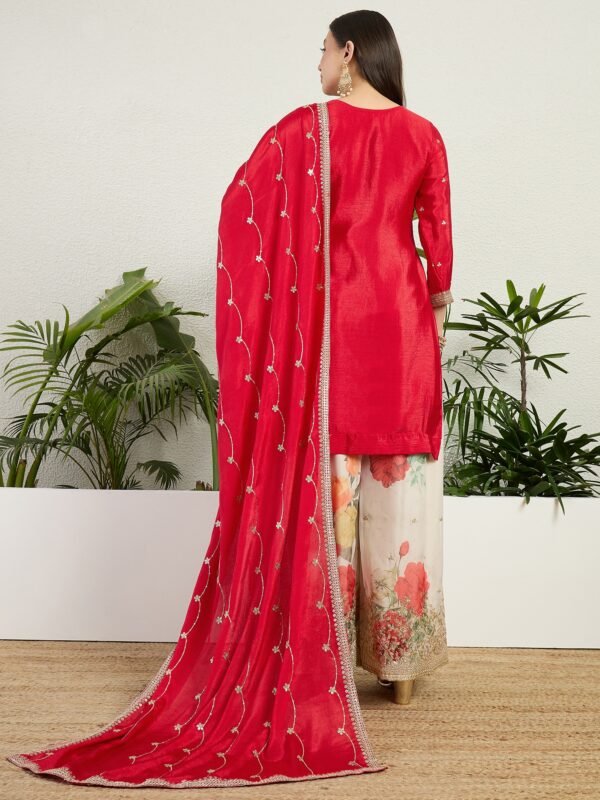 Vibrant Red Chinon Embroidered Kurta with Floral Palazzo Set