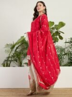 Vibrant Red Chinon Embroidered Kurta with Floral Palazzo Set