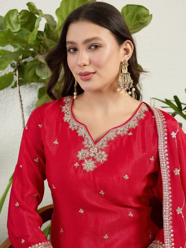Vibrant Red Chinon Embroidered Kurta with Floral Palazzo Set