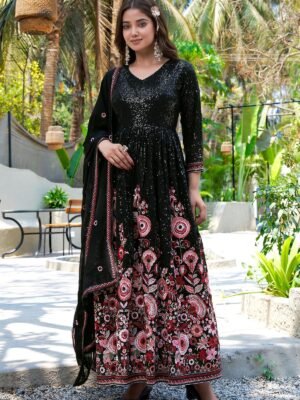 Midnight Elegance Black Embroidered Faux Georgette A-Line Gown with Dupatta