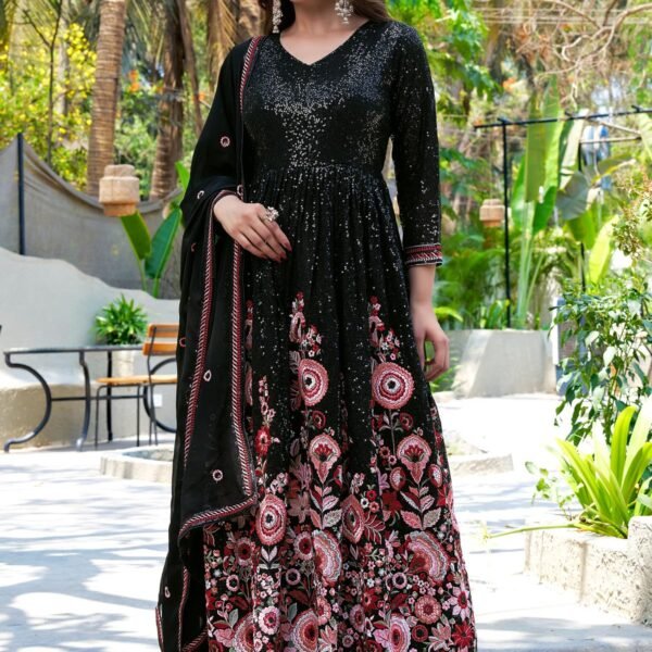Midnight Elegance Black Embroidered Faux Georgette A-Line Gown with Dupatta