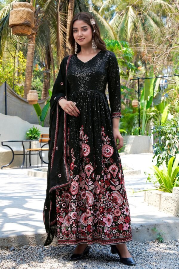 Midnight Elegance Black Embroidered Faux Georgette A-Line Gown with Dupatta