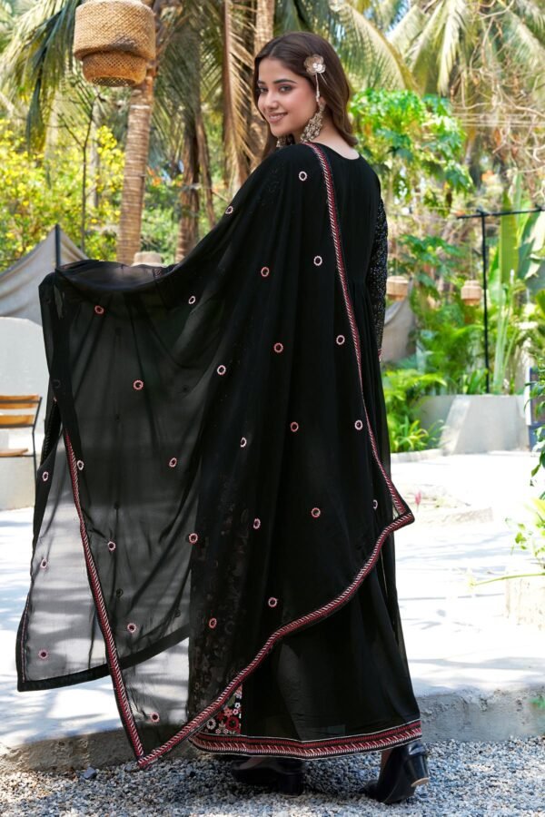 Midnight Elegance Black Embroidered Faux Georgette A-Line Gown with Dupatta