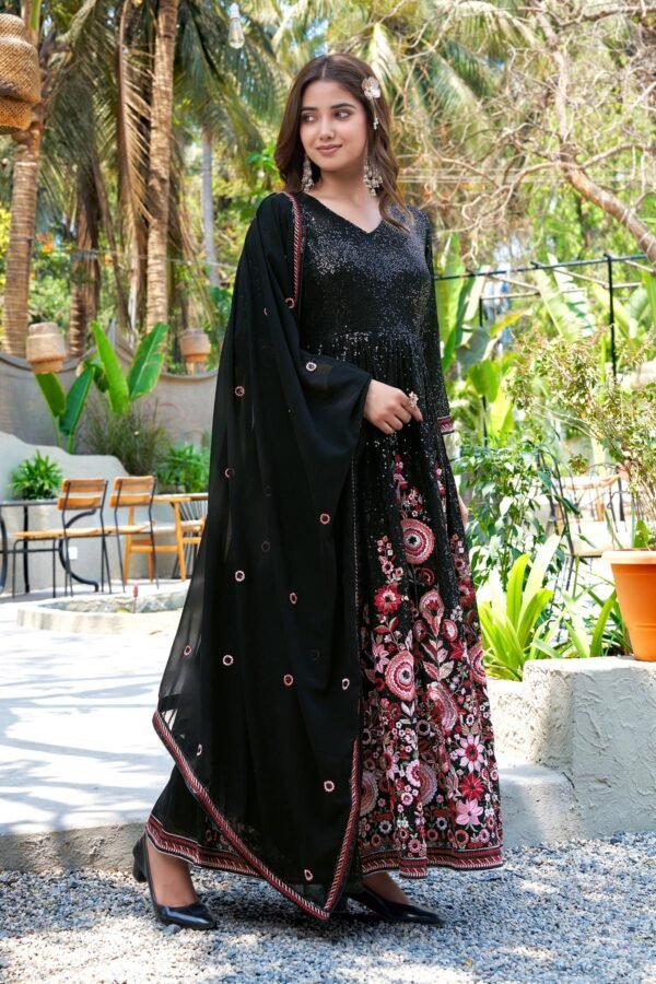 Midnight Elegance Black Embroidered Faux Georgette A-Line Gown with Dupatta