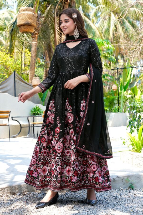 Midnight Elegance Black Embroidered Faux Georgette A-Line Gown with Dupatta
