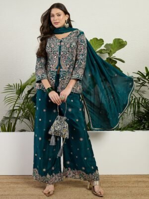 Elegant Emerald Green Embroidered Kurta Palazzo Set