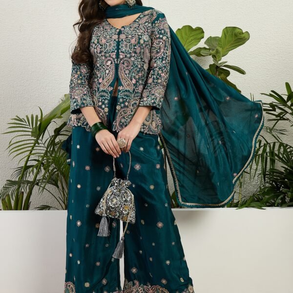 Elegant Emerald Green Embroidered Kurta Palazzo Set