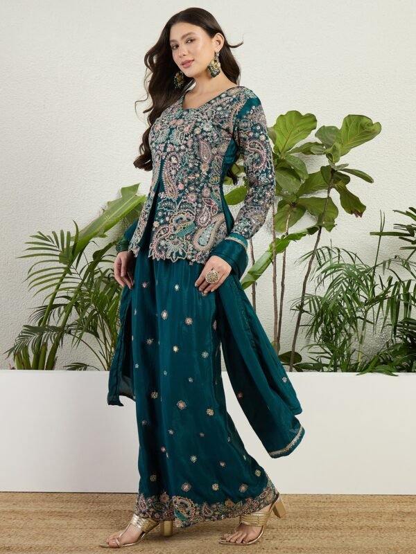 Elegant Emerald Green Embroidered Kurta Palazzo Set