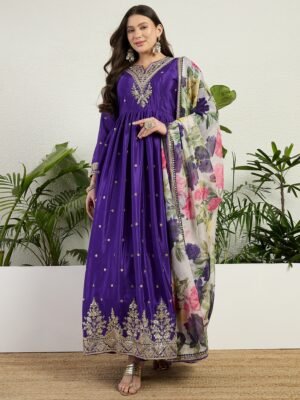 Purple Embroidered Chinon A-Line Gown with Printed Organza Dupatta