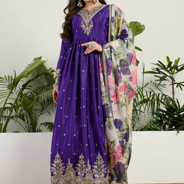 Purple Embroidered Chinon A-Line Gown with Printed Organza Dupatta