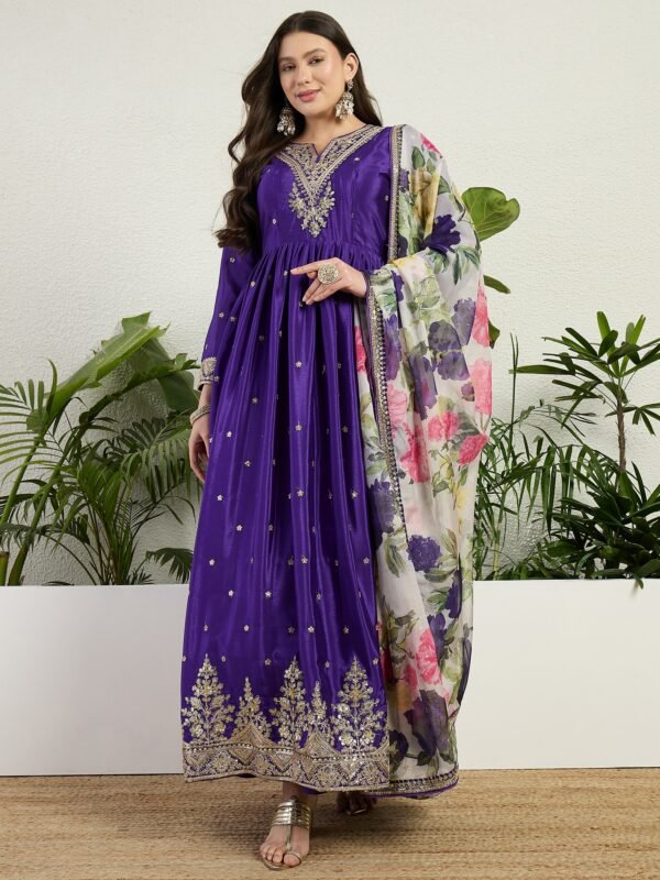 Purple Embroidered Chinon A-Line Gown with Printed Organza Dupatta