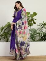 Purple Embroidered Chinon A-Line Gown with Printed Organza Dupatta