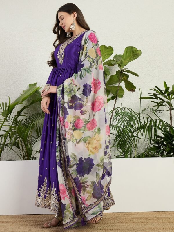 Purple Embroidered Chinon A-Line Gown with Printed Organza Dupatta