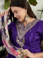 Purple Embroidered Chinon A-Line Gown with Printed Organza Dupatta
