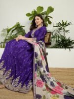 Purple Embroidered Chinon A-Line Gown with Printed Organza Dupatta