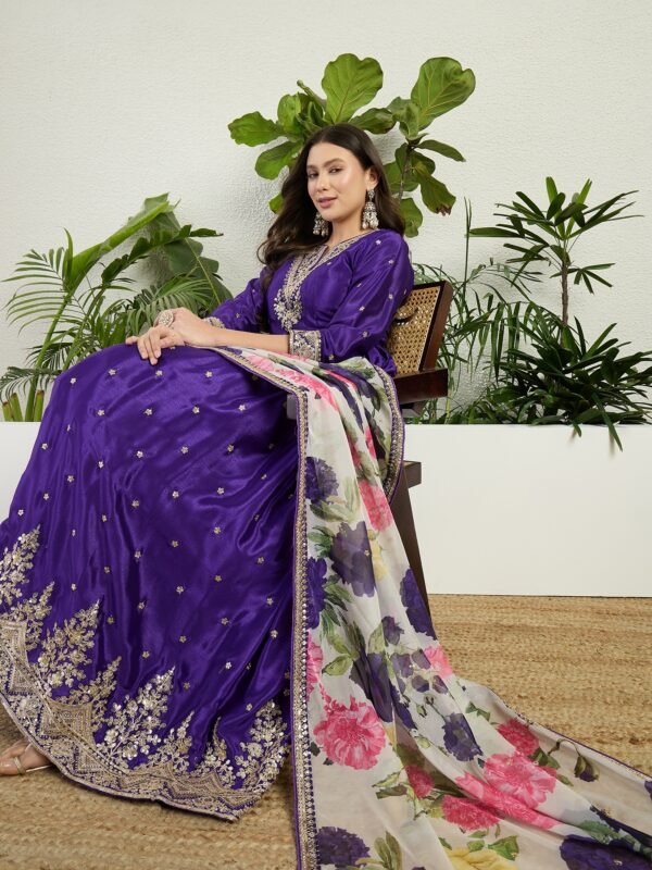 Purple Embroidered Chinon A-Line Gown with Printed Organza Dupatta