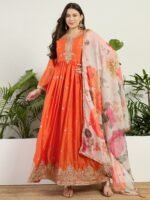 Radiant Orange Chinon Embroidered A-Line Gown with Floral Organza Dupatta
