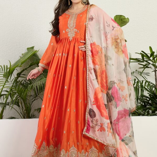 Radiant Orange Chinon Embroidered A-Line Gown with Floral Organza Dupatta