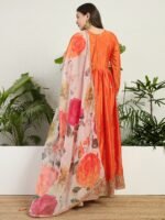 Radiant Orange Chinon Embroidered A-Line Gown with Floral Organza Dupatta