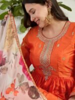 Radiant Orange Chinon Embroidered A-Line Gown with Floral Organza Dupatta