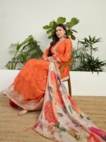 Radiant Orange Chinon Embroidered A-Line Gown with Floral Organza Dupatta