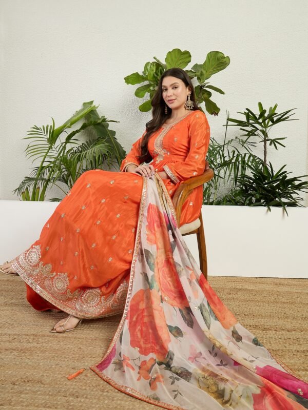 Radiant Orange Chinon Embroidered A-Line Gown with Floral Organza Dupatta
