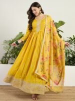Radiant Yellow Chinon Embroidered A-Line Gown with Floral Organza Dupatta