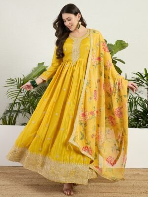 Radiant Yellow Chinon Embroidered A-Line Gown with Floral Organza Dupatta
