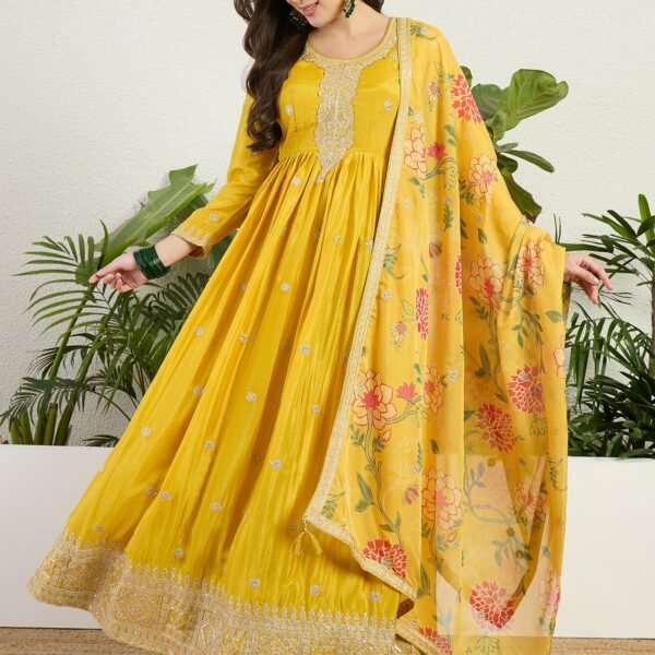 Radiant Yellow Chinon Embroidered A-Line Gown with Floral Organza Dupatta
