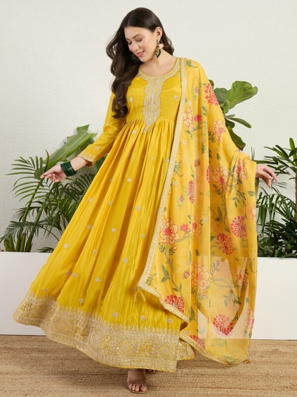 Radiant Yellow Chinon Embroidered A-Line Gown with Floral Organza Dupatta