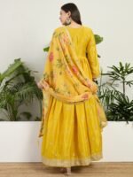 Radiant Yellow Chinon Embroidered A-Line Gown with Floral Organza Dupatta
