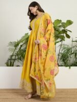 Radiant Yellow Chinon Embroidered A-Line Gown with Floral Organza Dupatta