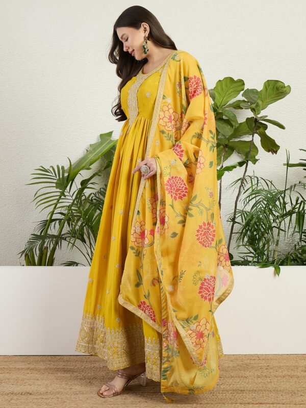 Radiant Yellow Chinon Embroidered A-Line Gown with Floral Organza Dupatta