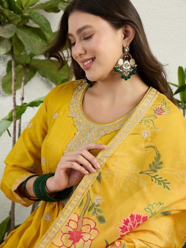 Radiant Yellow Chinon Embroidered A-Line Gown with Floral Organza Dupatta