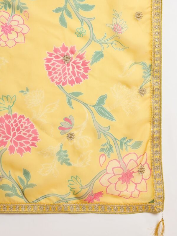 Radiant Yellow Chinon Embroidered A-Line Gown with Floral Organza Dupatta