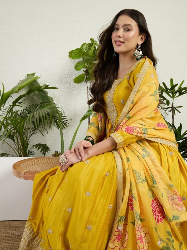 Radiant Yellow Chinon Embroidered A-Line Gown with Floral Organza Dupatta