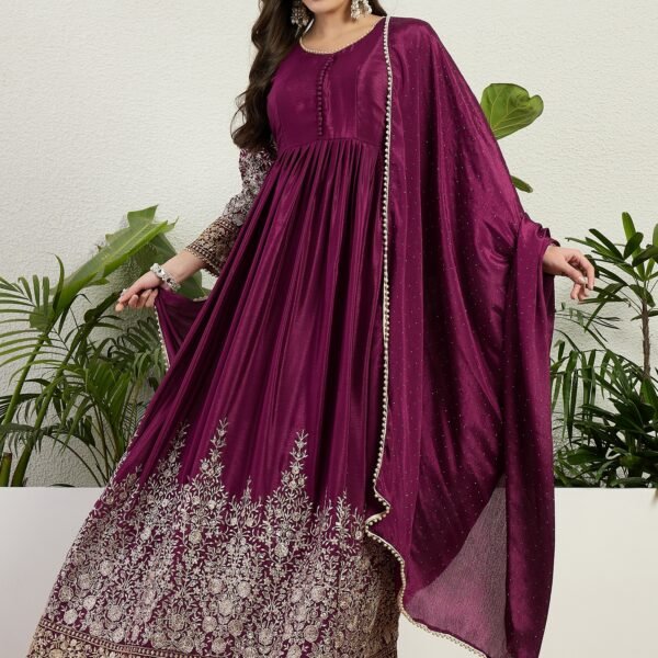 Purple Chinon Embroidered A-Line Gown with Dupatta