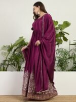 Purple Chinon Embroidered A-Line Gown with Dupatta