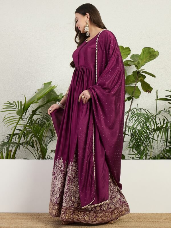 Purple Chinon Embroidered A-Line Gown with Dupatta
