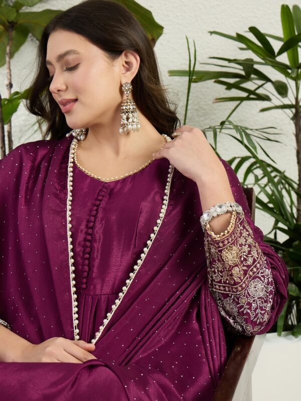 Purple Chinon Embroidered A-Line Gown with Dupatta