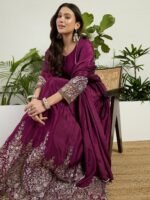 Purple Chinon Embroidered A-Line Gown with Dupatta