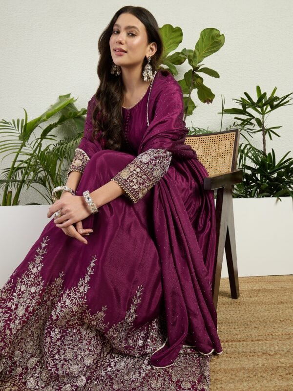 Purple Chinon Embroidered A-Line Gown with Dupatta