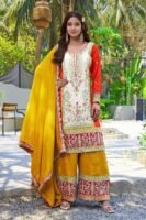 Orange Embroidered Kurta Palazzo Set with Yellow Dupatta