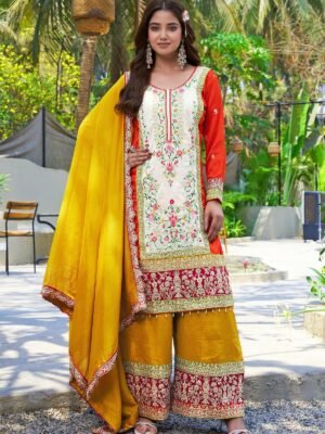 Orange Embroidered Kurta Palazzo Set with Yellow Dupatta